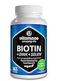 Biotin hochdosiert 10.000 mcg + Selen + Zink für Haarwuchs, Haut & Nägel, 365 vegane Tabletten...