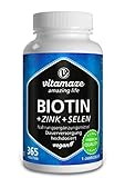 Biotin hochdosiert 10.000 mcg + Selen + Zink für Haarwuchs, Haut & Nägel, 365 vegane Tabletten...